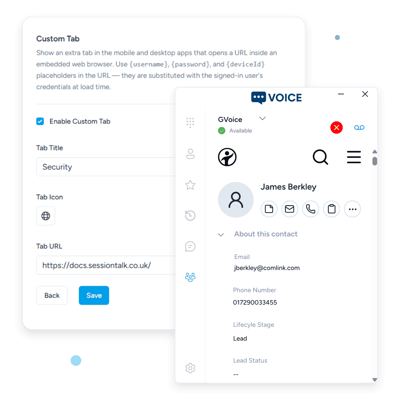 SessionTalk desktop app with a custom web tab pinned inside it