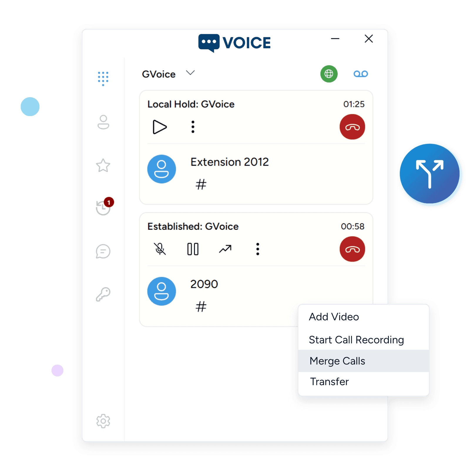 Desktop softphone call management interface with active call controls